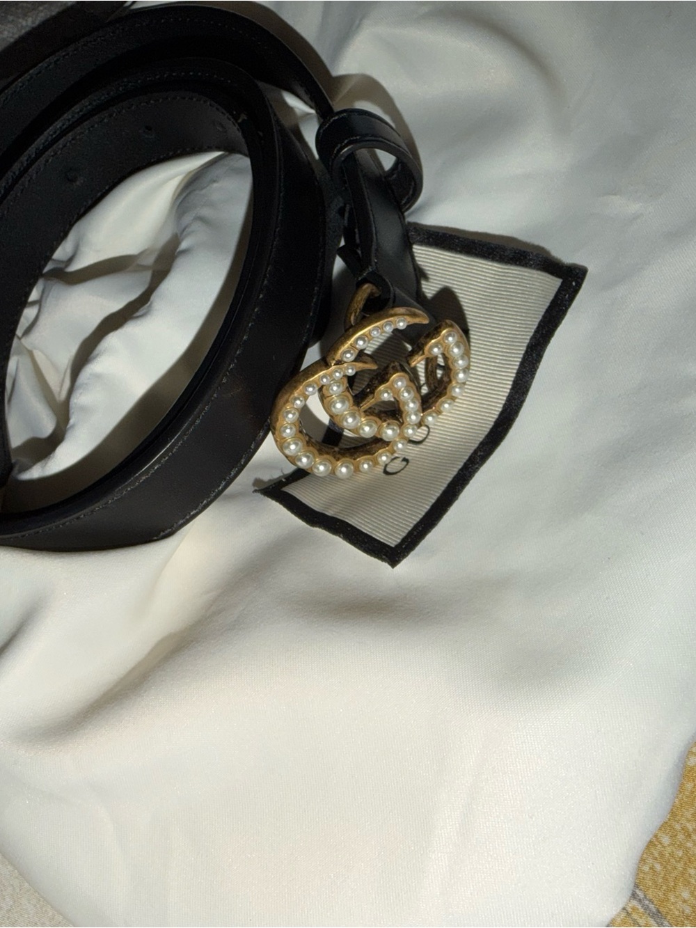 Gucci Black Leather Belt with Pearl-Embellished Gold Double-G Buckle